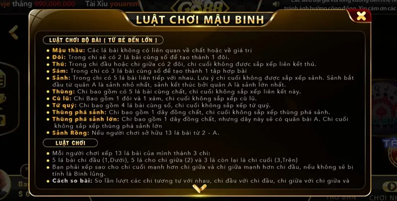 Luật chơi đơn giản, dễ hiểu của game bài Mậu Binh tại Go88